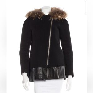 Sandro Fur Trimmed Black Wool Coat. Size S, US4, FR36